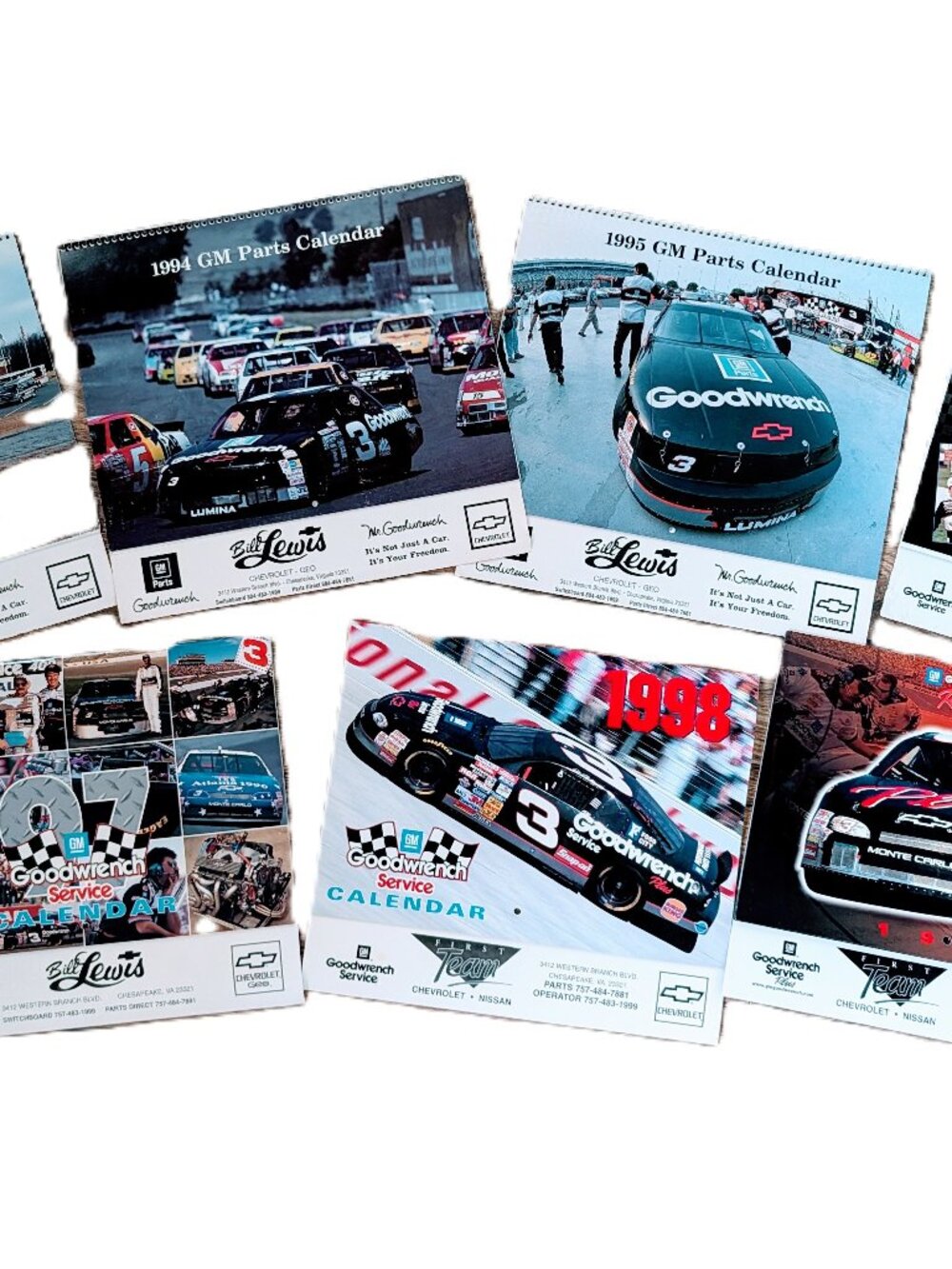 Lot of 7 VTG 90s Dale Earnhardt Sr NASCAR Dealership Calendars #3 Goodwrench GM